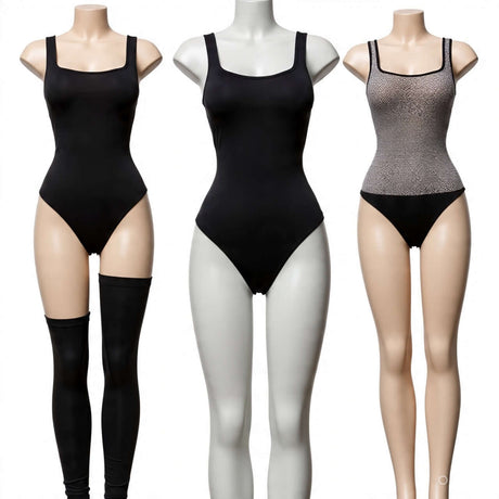 Three stylish women's bodysuits in black and a patterned design, showcasing modern fashion trends.