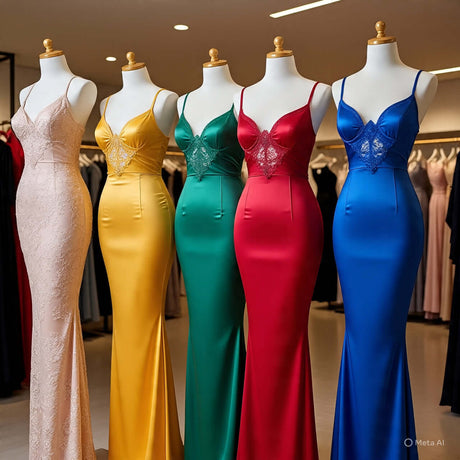 Five elegant curve dresses in various colors including pink, yellow, green, red, and blue displayed on mannequins.