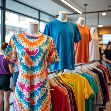 Colorful Curve T-shirts displayed in a boutique, showcasing vibrant patterns and styles for a trendy wardrobe.