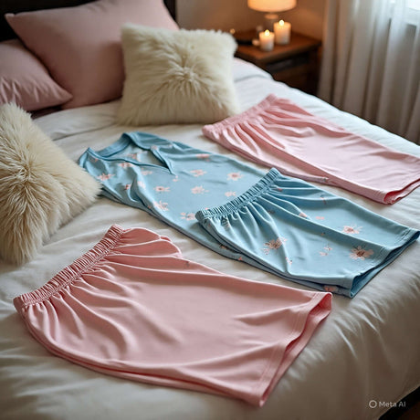 Curve loungewear and sleepwear collection featuring soft pastel shorts and a floral top arranged on a cozy bed.