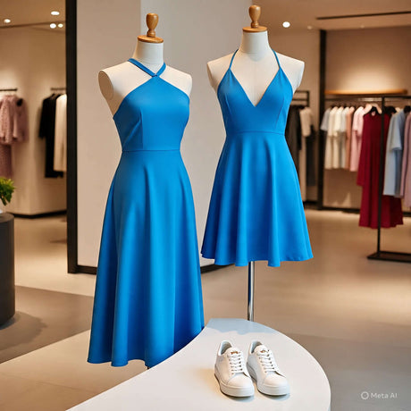 Curve Two Pieces Set featuring elegant blue dresses on mannequins, styled with white sneakers in a chic boutique.