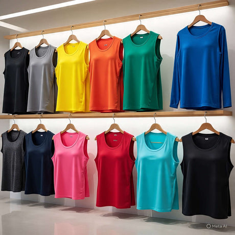 Colorful collection of curve sports tops in various shades, displayed on hangers for active wear enthusiasts.