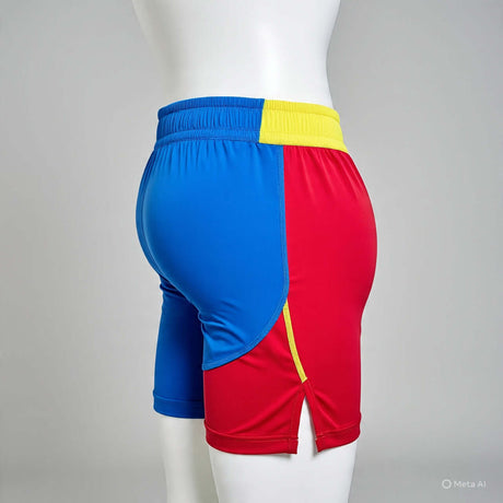 Side view of vibrant curve sports bottoms in blue, red, and yellow, perfect for active lifestyles.