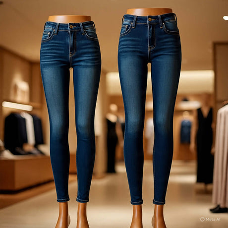 Stylish Curve Denim collection featuring two mannequins showcasing fitted blue jeans in a modern retail setting.