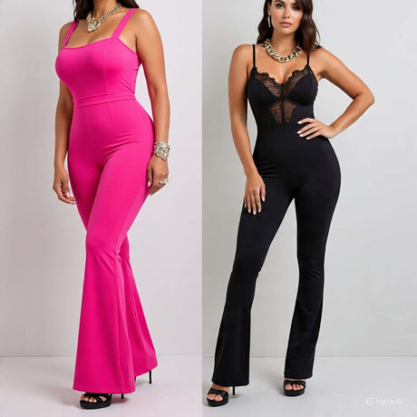 Stylish curve jumpsuits and bodysuits in pink and black, featuring flared bottoms and elegant designs.