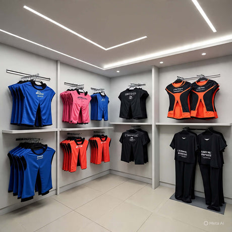 Colorful Curve Sports Sets display with blue, pink, red, and black activewear in a modern retail environment.