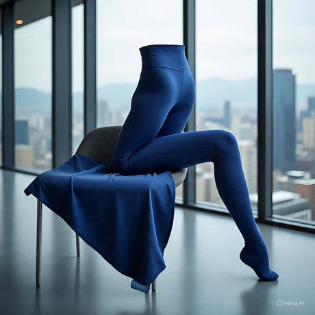 High-waisted blue curve leggings displayed on a chair against a city skyline backdrop.