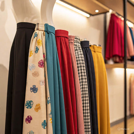 Colorful collection of curve skirts displayed on mannequins, showcasing various styles and patterns.