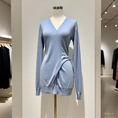 Light blue curve cardigan with a V-neck and long sleeves displayed in a boutique setting.
