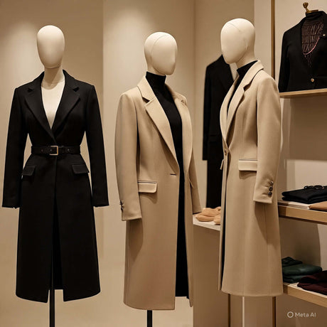 Stylish curve coats and jackets displayed on mannequins in a chic boutique setting.
