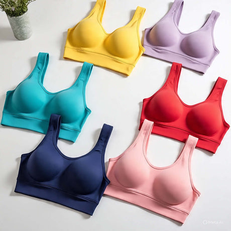 Colorful collection of Curve Sports Bras in yellow, purple, teal, red, navy, and pink on a light background.