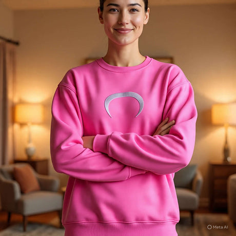 Model wearing a vibrant pink Curve Sweatshirt with a unique logo, showcasing comfort and style.
