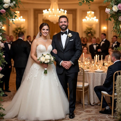 Elegant couple at a wedding, the bride in a stunning gown with floral bouquet, surrounded by guests in formal attire.