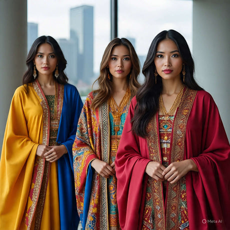 Three women in vibrant traditional wear featuring intricate patterns and rich colors, showcasing cultural elegance.