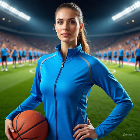 Woman wearing a blue curve sports jacket, holding a basketball, on a stadium field with players in the background.