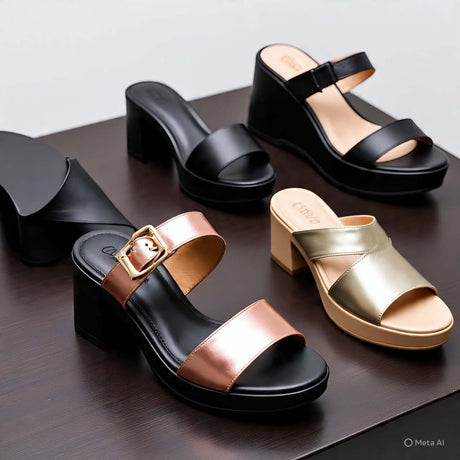 Stylish women's platform and wedge sandals in black, gold, and rose gold on a wooden surface.