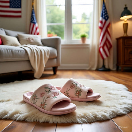 Chic women's slippers featuring floral embroidery, placed on a cozy rug in a stylish living room.