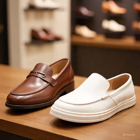Stylish women's loafers and slip-ons in brown and white, perfect for casual or formal occasions.
