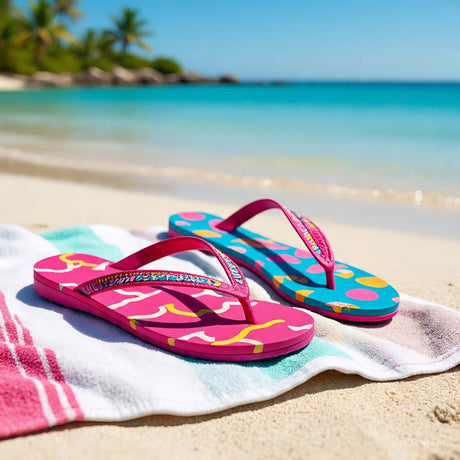 Colorful women's flip flops on a sandy beach with palm trees, perfect for summer relaxation.
