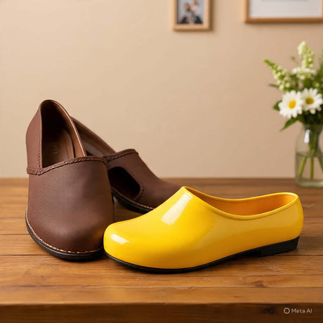 Brown leather mules and yellow clogs on a wooden surface, showcasing stylish women's footwear options.