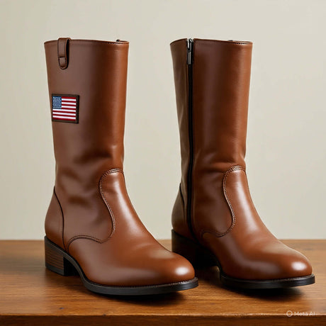 Stylish women's mid calf brown boots featuring an American flag detail, perfect for casual and fashionable wear.