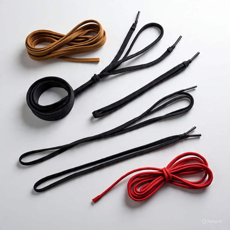 A variety of shoe laces in different colors including black, brown, and red, neatly arranged on a white surface.