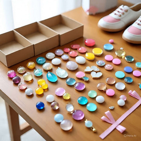 Colorful shoe decoration charms displayed on a wooden table, showcasing various shapes and sizes for custom styling.