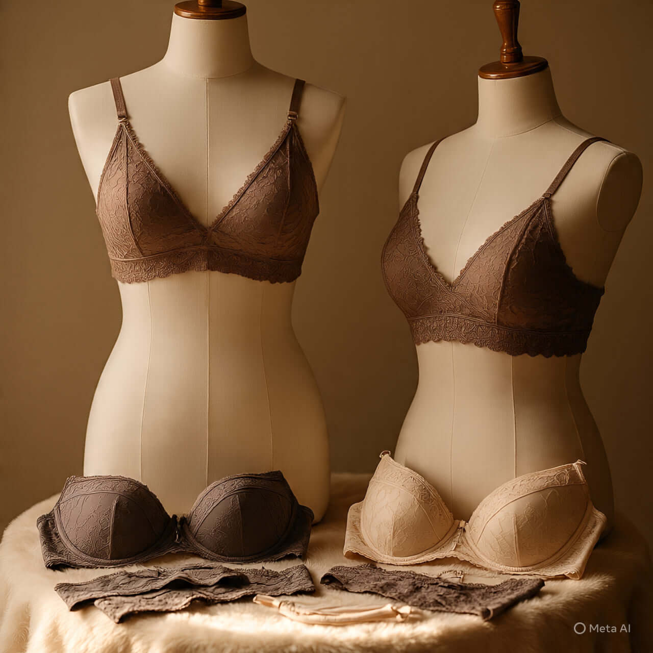Stylish women's bras and bralettes in earthy tones displayed on mannequins, showcasing lace and smooth designs.
