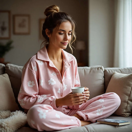 Woman in pink floral loungewear enjoying a cup of tea while relaxing on a cozy couch.