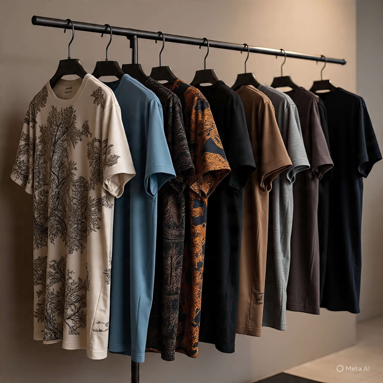 Collection of stylish men's t-shirts displayed on hangers in various colors and patterns.