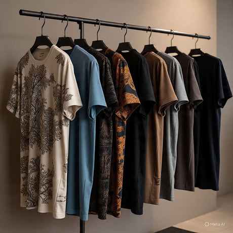 Collection of stylish men's t-shirts displayed on hangers in various colors and patterns.