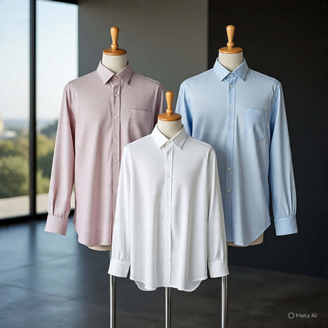 Men's casual and dress shirts displayed on mannequins in a modern setting, featuring pink, white, and blue designs.