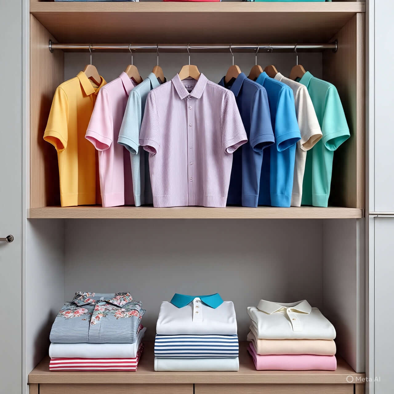 Colorful collection of men's polos hanging and folded, showcasing various styles and colors in a neatly organized closet.
