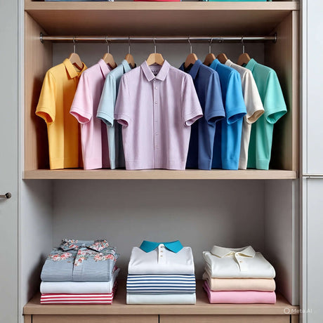 Colorful collection of men's polos hanging and folded, showcasing various styles and colors in a neatly organized closet.