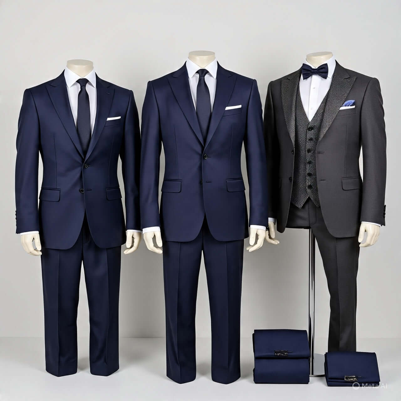 Three stylish men's suits on mannequins: two navy suits and one gray tuxedo with bow tie, perfect for formal occasions.