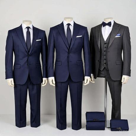 Three stylish men's suits on mannequins: two navy suits and one gray tuxedo with bow tie, perfect for formal occasions.