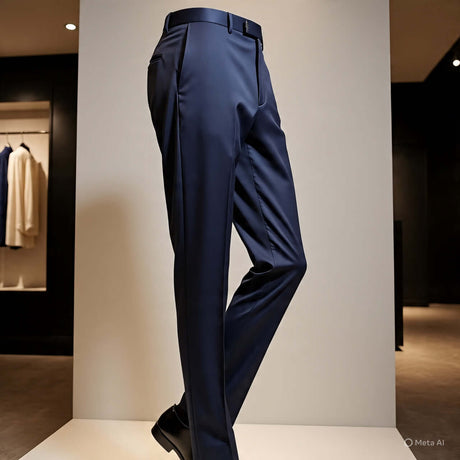 Men's navy dress pants displayed in a modern retail space, showcasing tailored fit and sleek design.