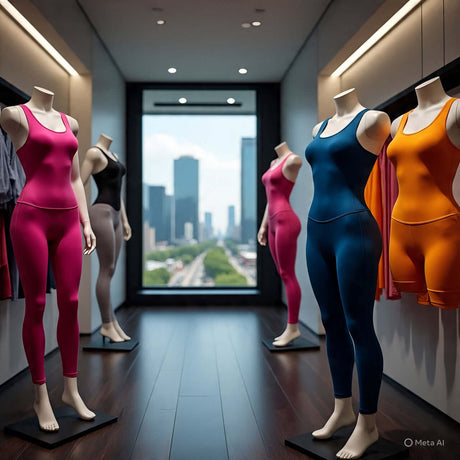Vibrant curve sports bodysuits displayed on mannequins in a modern boutique setting with a city view.