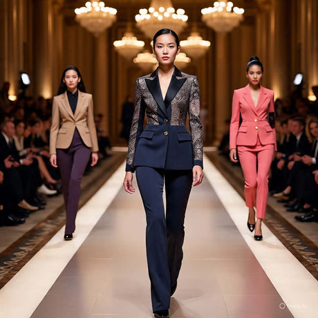 Models showcasing stylish curve suits on the runway, featuring elegant designs in various colors.