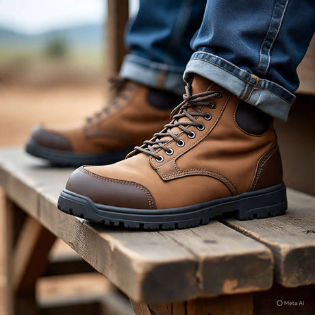 Brown men's work and utility boots on a wooden bench, showcasing durability and style for outdoor tasks.