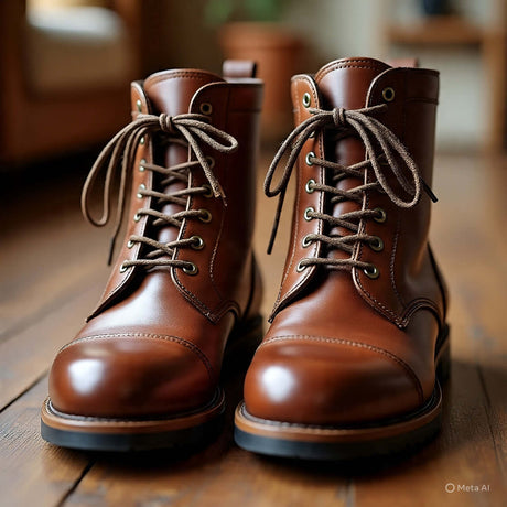 Men's brown leather boots with laces, showcased on a wooden floor for stylish footwear collection.