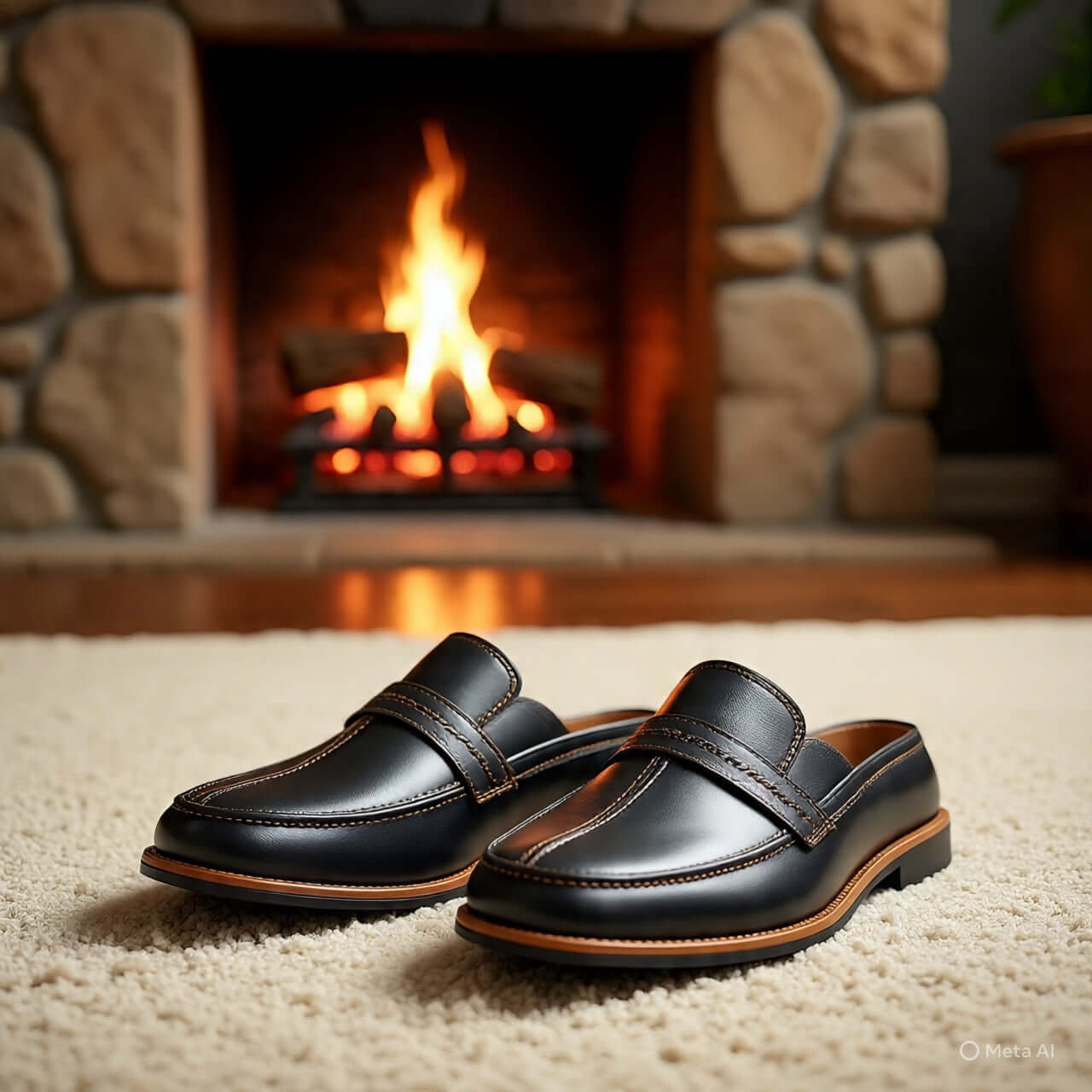 Stylish men's leather slippers displayed in front of a cozy fireplace, perfect for indoor comfort.