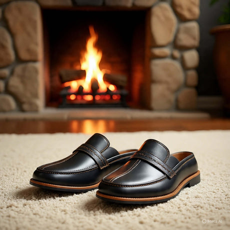 Stylish men's leather slippers displayed in front of a cozy fireplace, perfect for indoor comfort.
