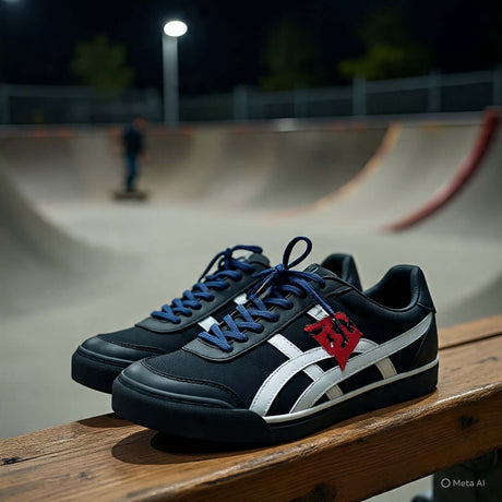 Men's skateboarding shoes in black and white with blue laces, perfect for outdoor skate parks.