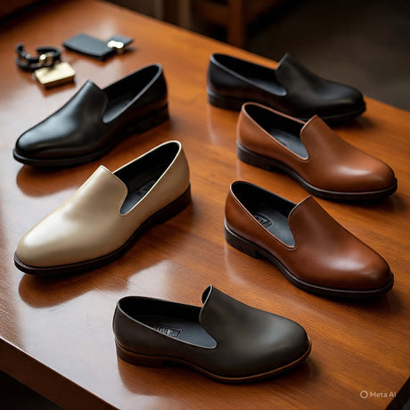 Stylish men's mules and clogs in various colors displayed on a wooden table, perfect for casual and formal wear.