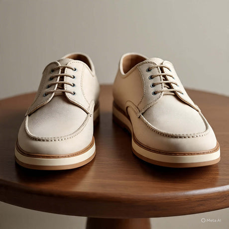 Stylish men's canvas shoes displayed on a wooden table, ideal for casual and smart-casual outfits.