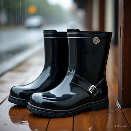 Pair of stylish black men's rain boots on wooden deck, perfect for wet weather adventures.
