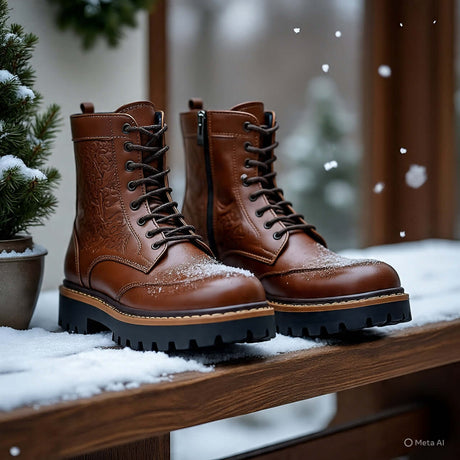 Stylish brown men's snow boots with lace-up design on a snowy surface, perfect for winter wear.