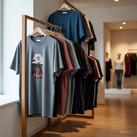 Display of men's plus size t-shirts in various colors, showcasing trendy designs in a stylish retail setting.