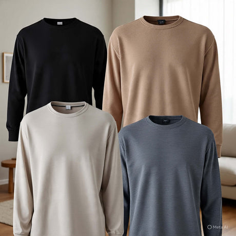Men's plus size tops displayed in four colors: black, beige, light grey, and navy, perfect for casual wear.